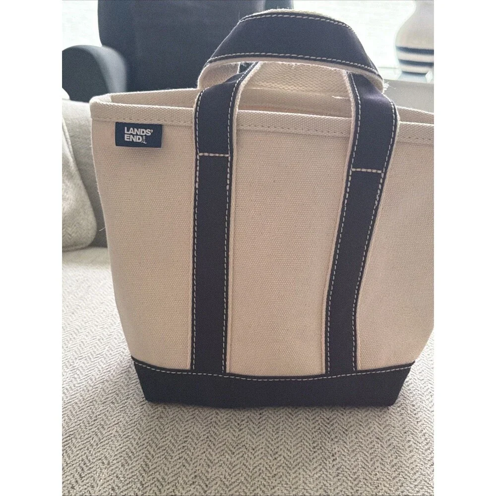 LANDS END Boat Bag Tote Nautical Natural and Navy Stripe Mini